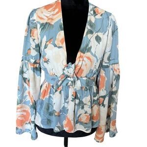 Vici Women Tie Blouse Floral Flouncy Sleeve Sexy Open Front 2 Button Size Medium